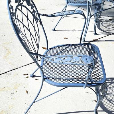 Blue Wrought Iron Table with Glass Top and Chair Set with Additional Side Table