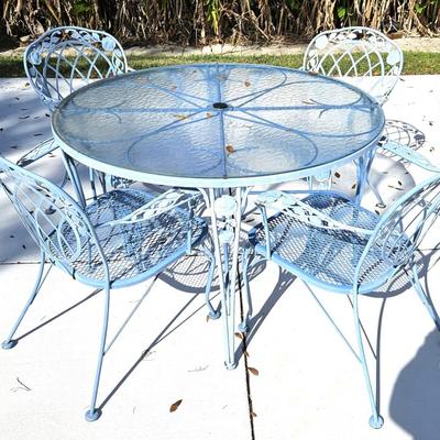 Blue Wrought Iron Table with Glass Top and Chair Set with Additional Side Table