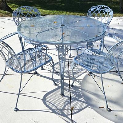 Blue Wrought Iron Table with Glass Top and Chair Set with Additional Side Table