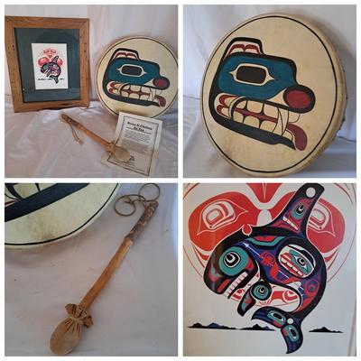 Handmade N.W. Tlingit Bear Drum & Signed Serigraph Print (LR-SD)