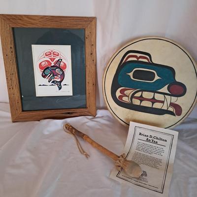 Handmade N.W. Tlingit Bear Drum & Signed Serigraph Print (LR-SD)