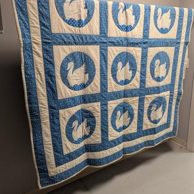 Contemporary Blue & White Quilt With Swans 92 x 90 Inches #2