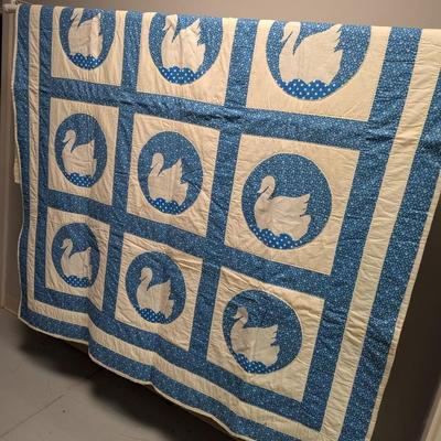 Sale Photo Thumbnail #2624: Appliqued within blue calico window frames.  Applique by machine hand quilted.  Very good condition