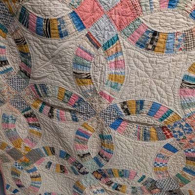 Ca. 1927 Double Wedding Ring Quilt Multi-Color Pieces Against A White Background 80 x 66 Inches #4