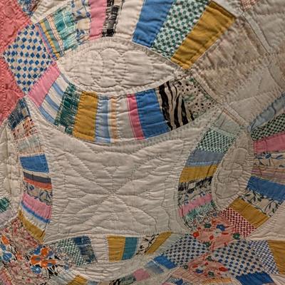 Ca. 1927 Double Wedding Ring Quilt Multi-Color Pieces Against A White Background 80 x 66 Inches #4