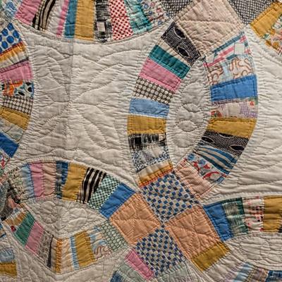 Ca. 1927 Double Wedding Ring Quilt Multi-Color Pieces Against A White Background 80 x 66 Inches #4