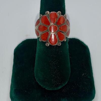 Native American Pawn Silver Ring W/Inlaid Coral