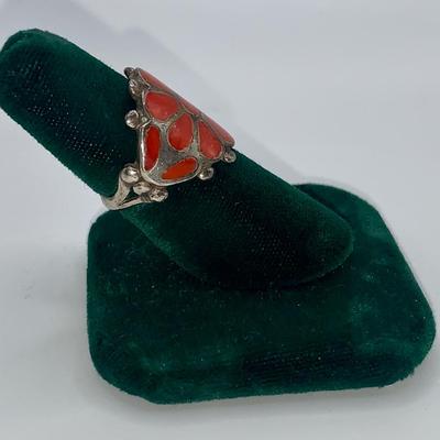 Native American Pawn Silver Ring W/Inlaid Coral