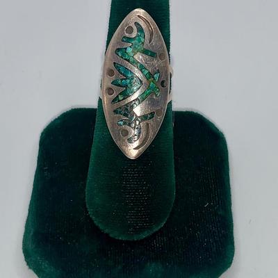 Vintage Native American Pawn Silver Ring W/Inlaid Turquoise