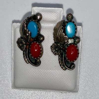 Vintage Native American Pawn Silver, Turquoise, and Coral Earrings