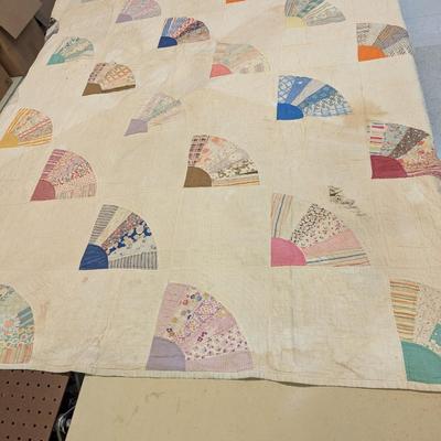 Ca. 1930-31 Patchwork Fan Design Quilt With Calico Pieces 84 x 69 Inches #9