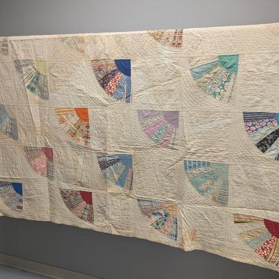 Ca. 1930-31 Patchwork Fan Design Quilt With Calico Pieces 84 x 69 Inches #9