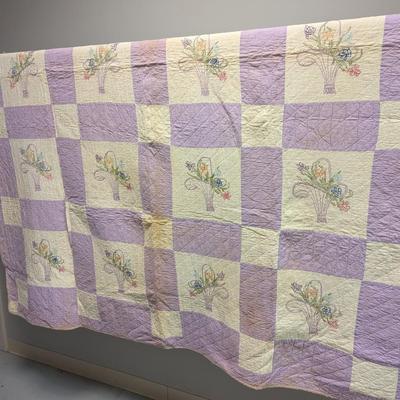 Lavender & White Patchwork Quilt With Embroidered Baskets Of Flowers 90 x 76 Inches #10
