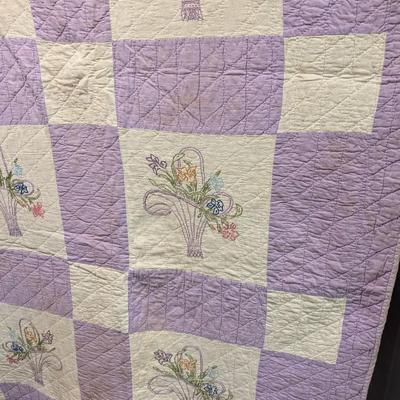 Lavender & White Patchwork Quilt With Embroidered Baskets Of Flowers 90 x 76 Inches #10