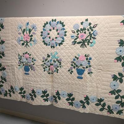 Ca. 1937-39 Applique Floral Design Quilt. Blue Flowers With Dark Green Leaves 92 x 75 Inches #13