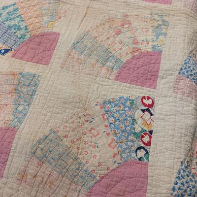 Ca. 1930-31 Patchwork Fan Design Quilt With Calico Pieces Creating The Pattern Of Open Fans 84 x 73 Inches #16