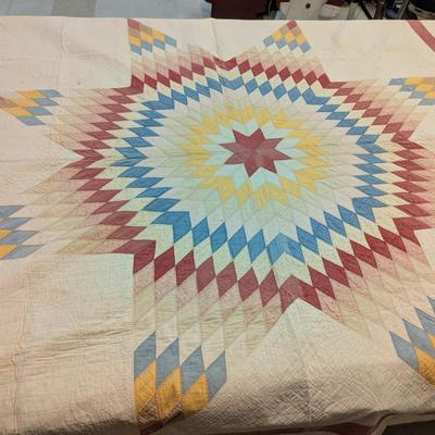 Lone Star Design Quilt With Calico & Pastel Diamonds 75 x 87 Inches #17