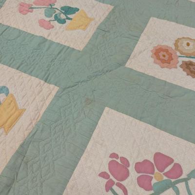 Ca. 1931 Applique quilt In Green White Lavender & Pink Yellow Flower Pots 80 x 74 Inches #18