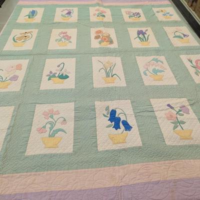 Ca. 1931 Applique quilt In Green White Lavender & Pink Yellow Flower Pots 80 x 74 Inches #18