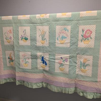 Ca. 1931 Applique quilt In Green White Lavender & Pink Yellow Flower Pots 80 x 74 Inches #18