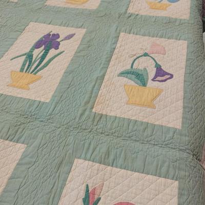Ca. 1931 Applique quilt In Green White Lavender & Pink Yellow Flower Pots 80 x 74 Inches #18