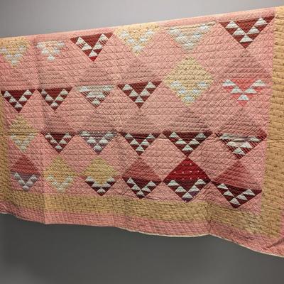 Ca. 1932 Tumbling Block Design Quilt In Two Shades Of Red Calico 78 x 60 #21