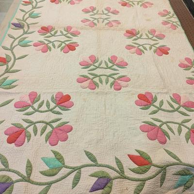 Ca. 1910 Floral Applique Runner In Light Green Pink Rose & Lavender 50 x 86 Inches #22
