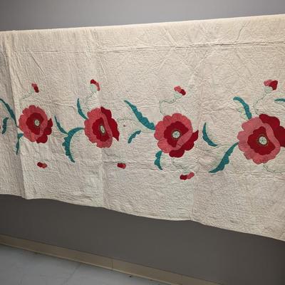 Ca. 1937-38 Floral Applique Quilt Rose & Print Flowers On Green Stems 92 x 75 Inches #24