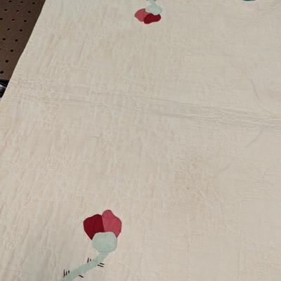 Ca. 1937-38 Floral Applique Quilt Rose & Print Flowers On Green Stems 92 x 75 Inches #24