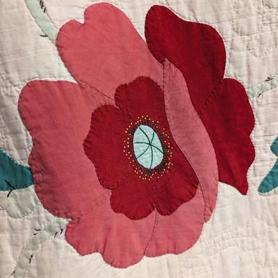 Ca. 1937-38 Floral Applique Quilt Rose & Print Flowers On Green Stems 92 x 75 Inches #24
