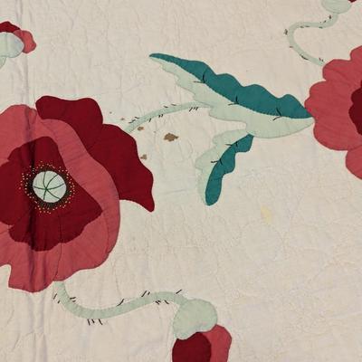 Ca. 1937-38 Floral Applique Quilt Rose & Print Flowers On Green Stems 92 x 75 Inches #24