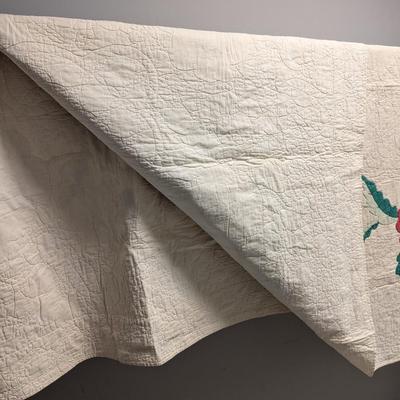 Ca. 1937-38 Floral Applique Quilt Rose & Print Flowers On Green Stems 92 x 75 Inches #24