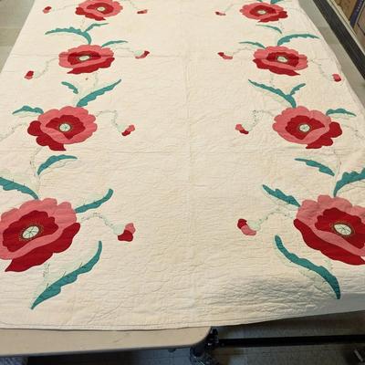 Ca. 1937-38 Floral Applique Quilt Rose & Print Flowers On Green Stems 92 x 75 Inches #24
