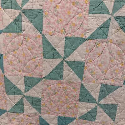 Sale Photo Thumbnail #2793: Green, white and pink calico reverse deep pink.  Quilting good, 7 or 8 stitches per inch;  good condition