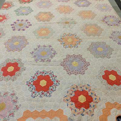 Ca. Early 1900's Grandmother's Flower Garden Patchwork Quilt 84 x 78 Inches #30