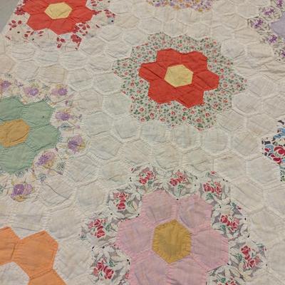 Ca. Early 1900's Grandmother's Flower Garden Patchwork Quilt 84 x 78 Inches #30