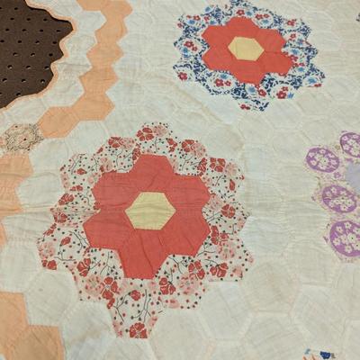 Ca. Early 1900's Grandmother's Flower Garden Patchwork Quilt 84 x 78 Inches #30
