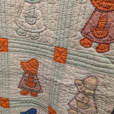 Ca. Early 1930's Applique Quilt With "Sun Bonnet Sue" Pattern Decorated With Embroidered Flowers 75 x 57 Inches #31