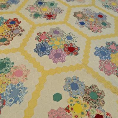Ca. 1930 Grandmother's Flower Garden Quilt With Yellow Outline 92 x 82 Inches #32