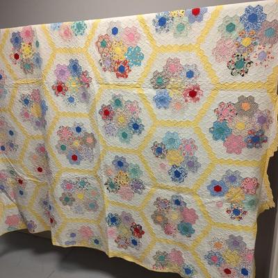 Ca. 1930 Grandmother's Flower Garden Quilt With Yellow Outline 92 x 82 Inches #32