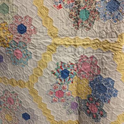 Ca. 1930 Grandmother's Flower Garden Quilt With Yellow Outline 92 x 82 Inches #32