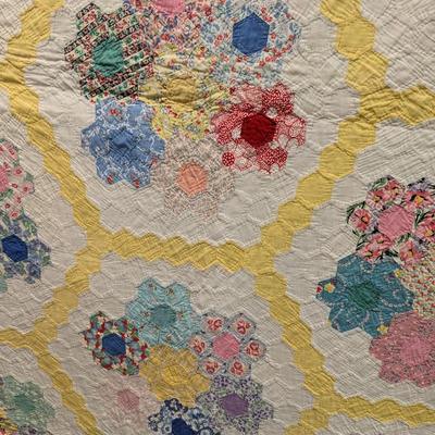 Ca. 1930 Grandmother's Flower Garden Quilt With Yellow Outline 92 x 82 Inches #32