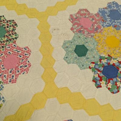 Ca. 1930 Grandmother's Flower Garden Quilt With Yellow Outline 92 x 82 Inches #32