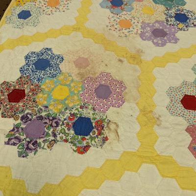 Ca. 1930 Grandmother's Flower Garden Quilt With Yellow Outline 92 x 82 Inches #32