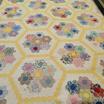 Ca. 1930 Grandmother's Flower Garden Quilt With Yellow Outline 92 x 82 Inches #32