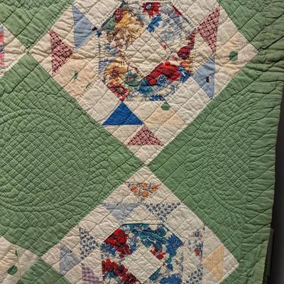 Sale Photo Thumbnail #2855: Green & white with multi-colors.  Intricate quilting design in green blocks.  Mint condition.  All hand-made