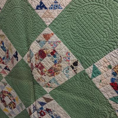 Sale Photo Thumbnail #2856: Green & white with multi-colors.  Intricate quilting design in green blocks.  Mint condition.  All hand-made