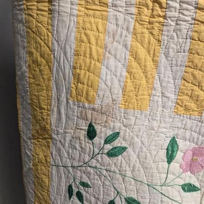 Ca. 1893 Embroidered Quilt Two Rows Of Embroidered Flowers Buds Stems & Leaves 86 x 80 Inches #38