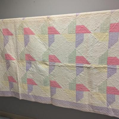 Ca. 1928 Multi-Color Patchwork Quilt With 3 Inch Lavender Border Reverse White 78 x 64 Inches #40