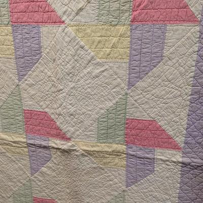 Ca. 1928 Multi-Color Patchwork Quilt With 3 Inch Lavender Border Reverse White 78 x 64 Inches #40